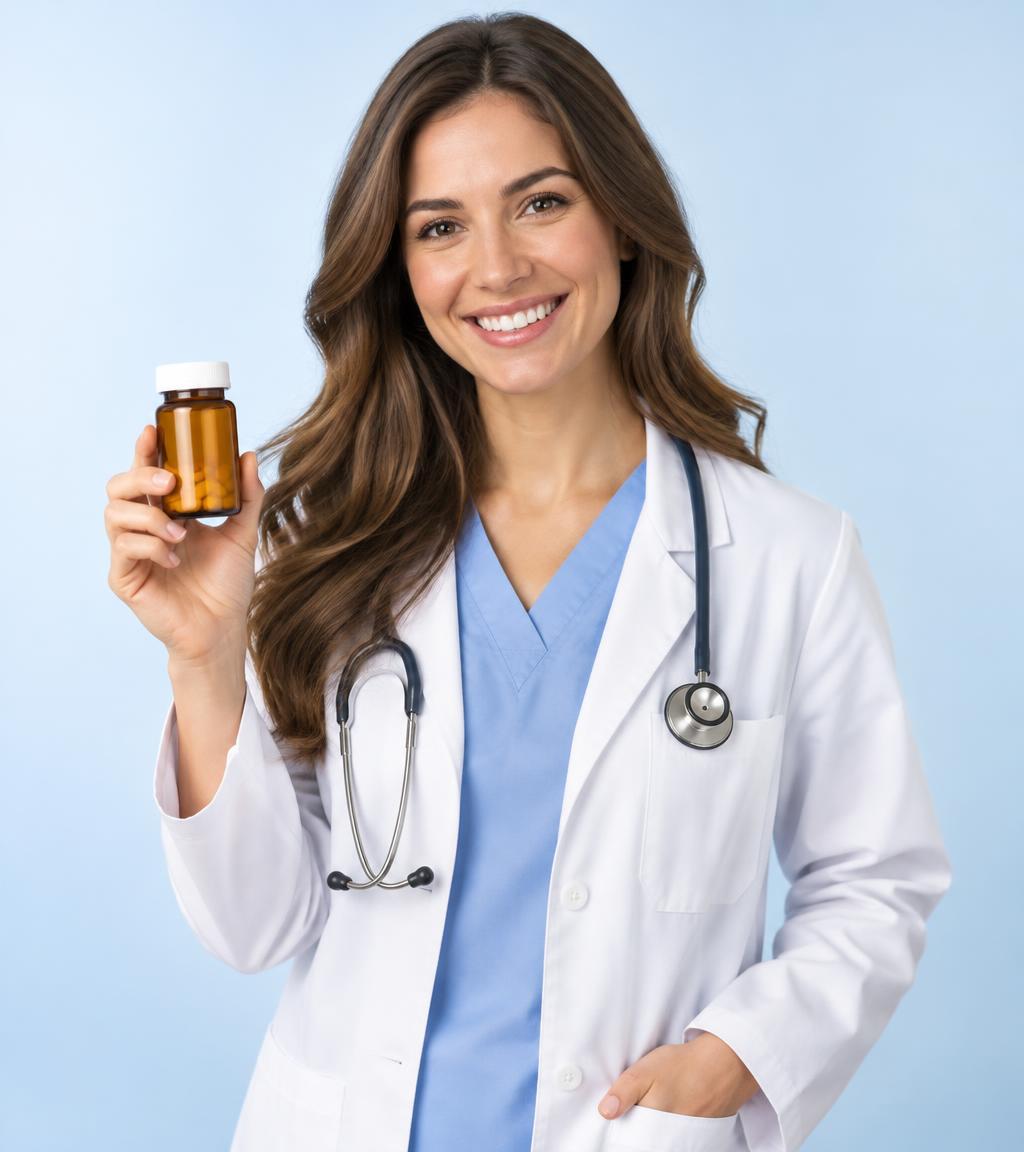 Friendly pharmacist in a white lab coat holding a medicine bottle